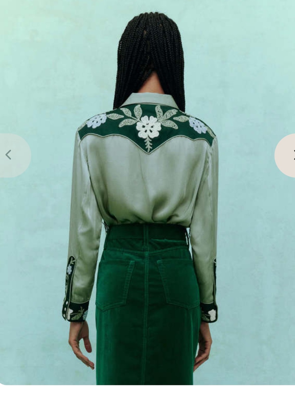 THE GREAT. Sage Green Satin Embroidered Western Heritage Shirt in Dried Sage - Picture 5 of 14